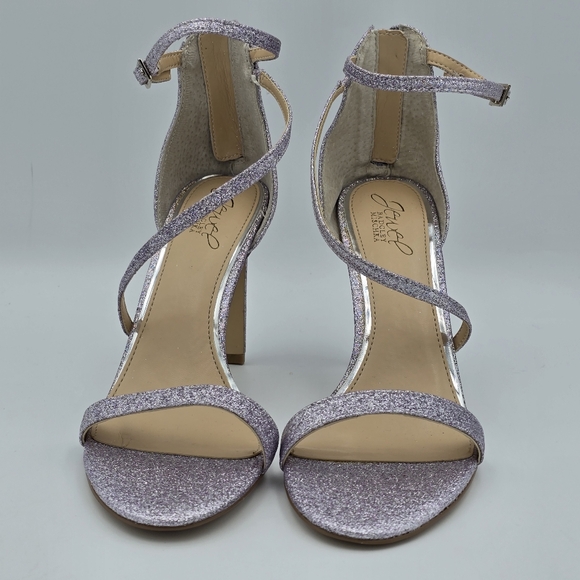 NWOT Jewel Badgley Mischka Diana Heeled Strappy Sandals, Lilac (Purple) Glitter - Picture 4 of 16
